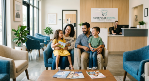 Happy family relaxing in a bright, modern clinic waiting area illustrating how to get more patients for your dental clinic.