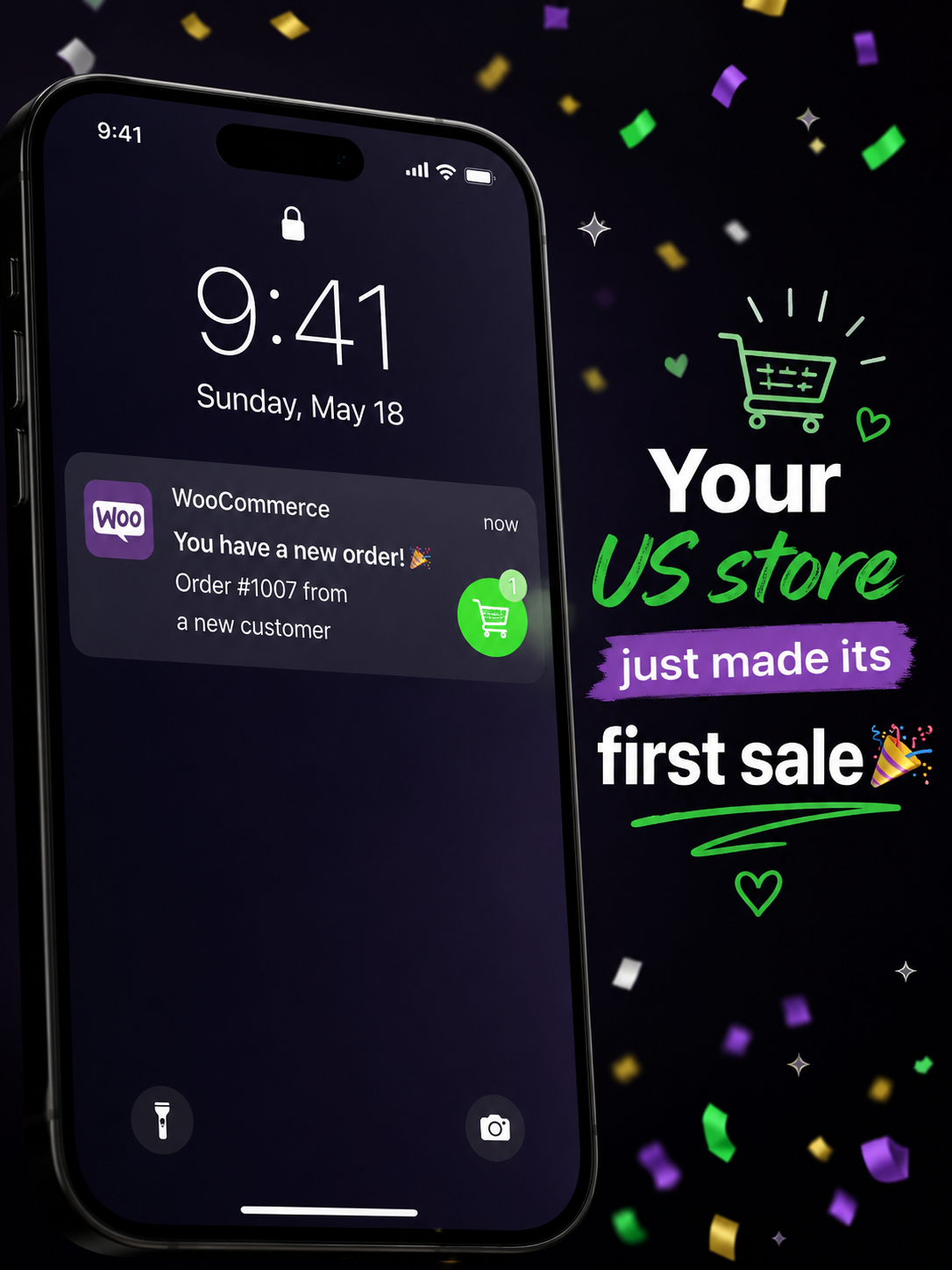 WooCommerce first sale notification on mobile — celebrating launching an online store in USA 2026 with CodePulse Studios