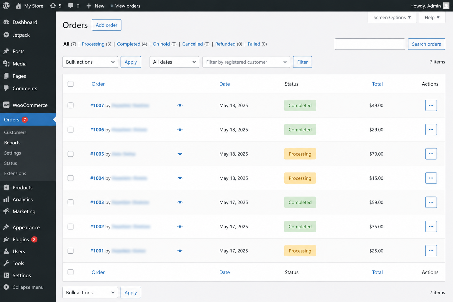 WooCommerce orders dashboard showing first sales from US customers after launching an online store in USA 2026
