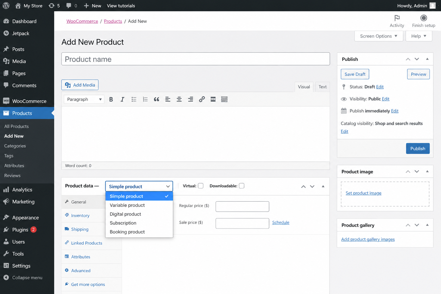 WooCommerce product types screenshot 2026 — adding physical digital subscription and booking products to US online store