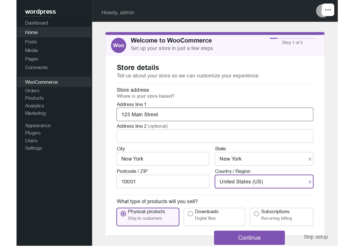 WooCommerce setup wizard screenshot 2026 — installing WooCommerce to start an online store in USA step by step