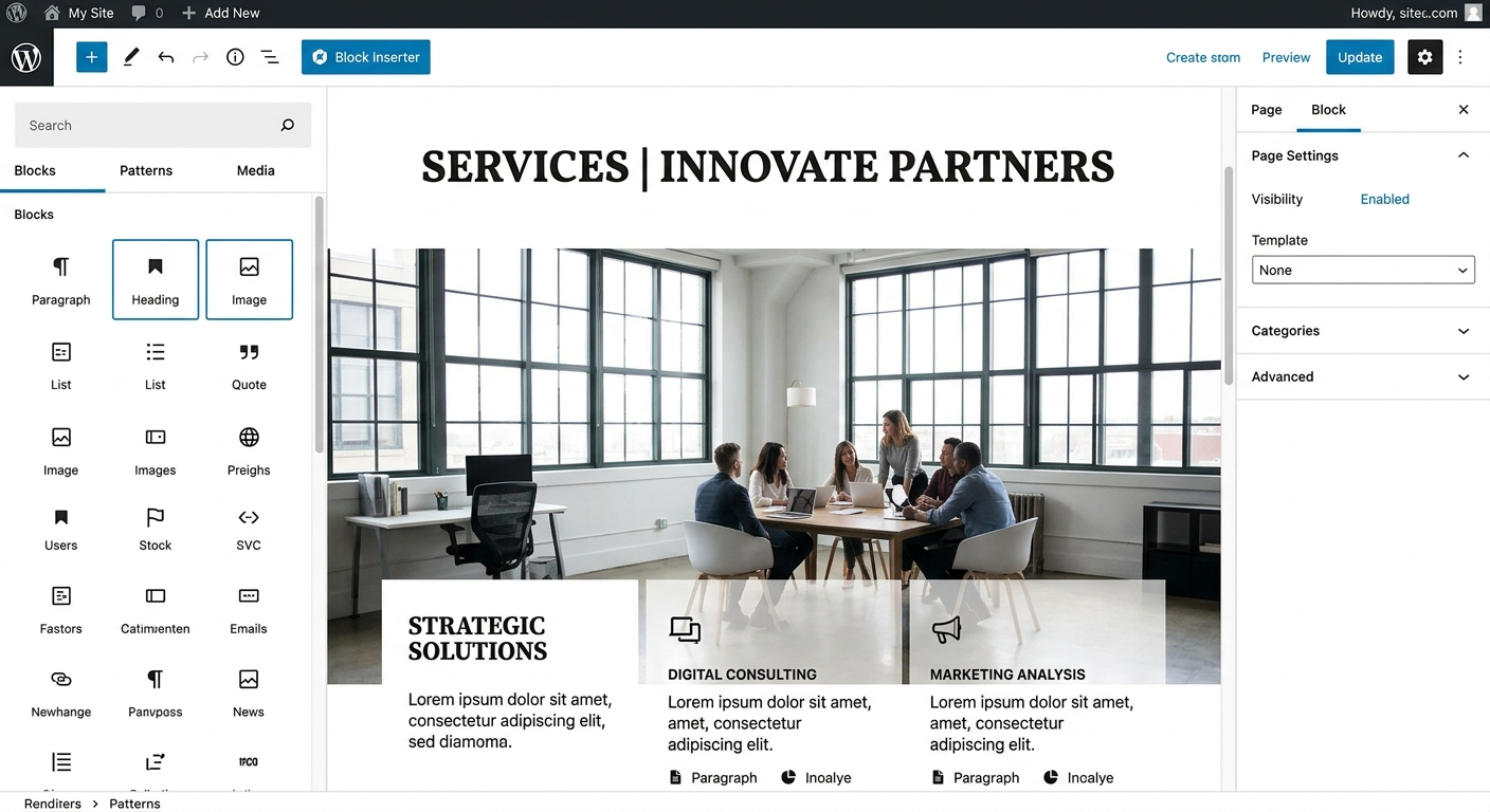 WordPress Gutenberg editor screenshot showing a US small business website being built with Blocksy theme 2026
