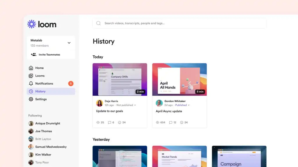 loom video history page