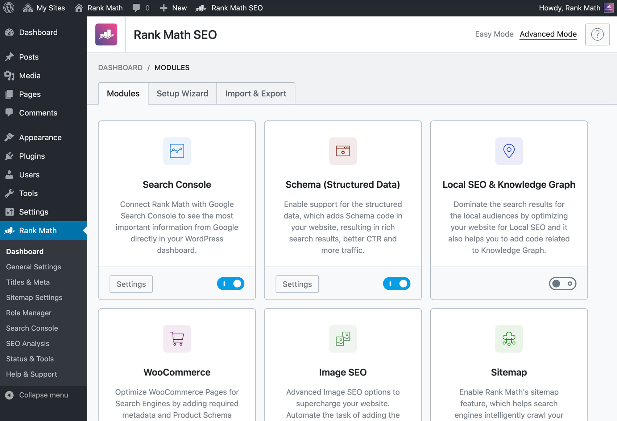 RankMath SEO plugin dashboard WordPress 2026