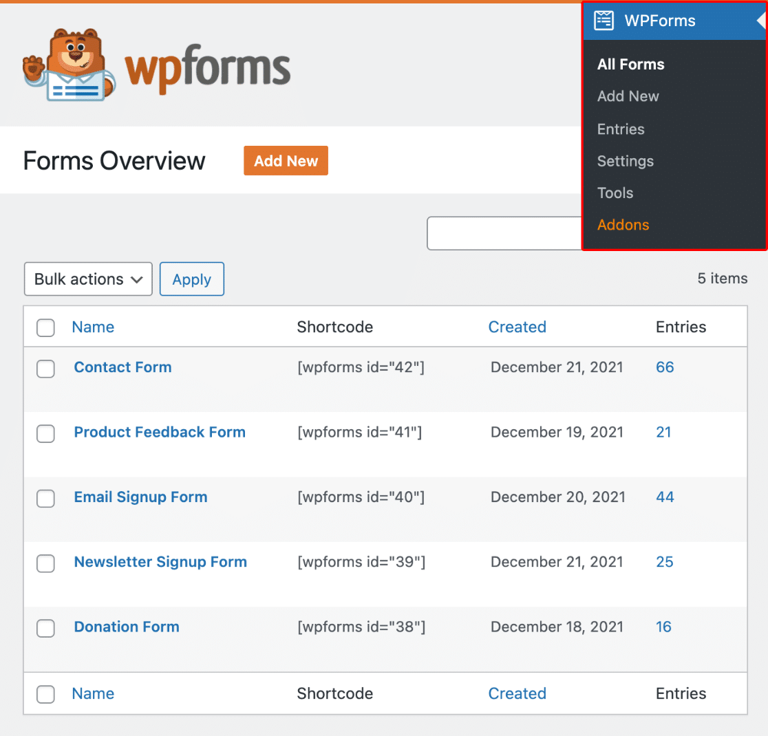 WPForms contact form example on a US small business WordPress website — showing name, email, and message fields with a green submit button