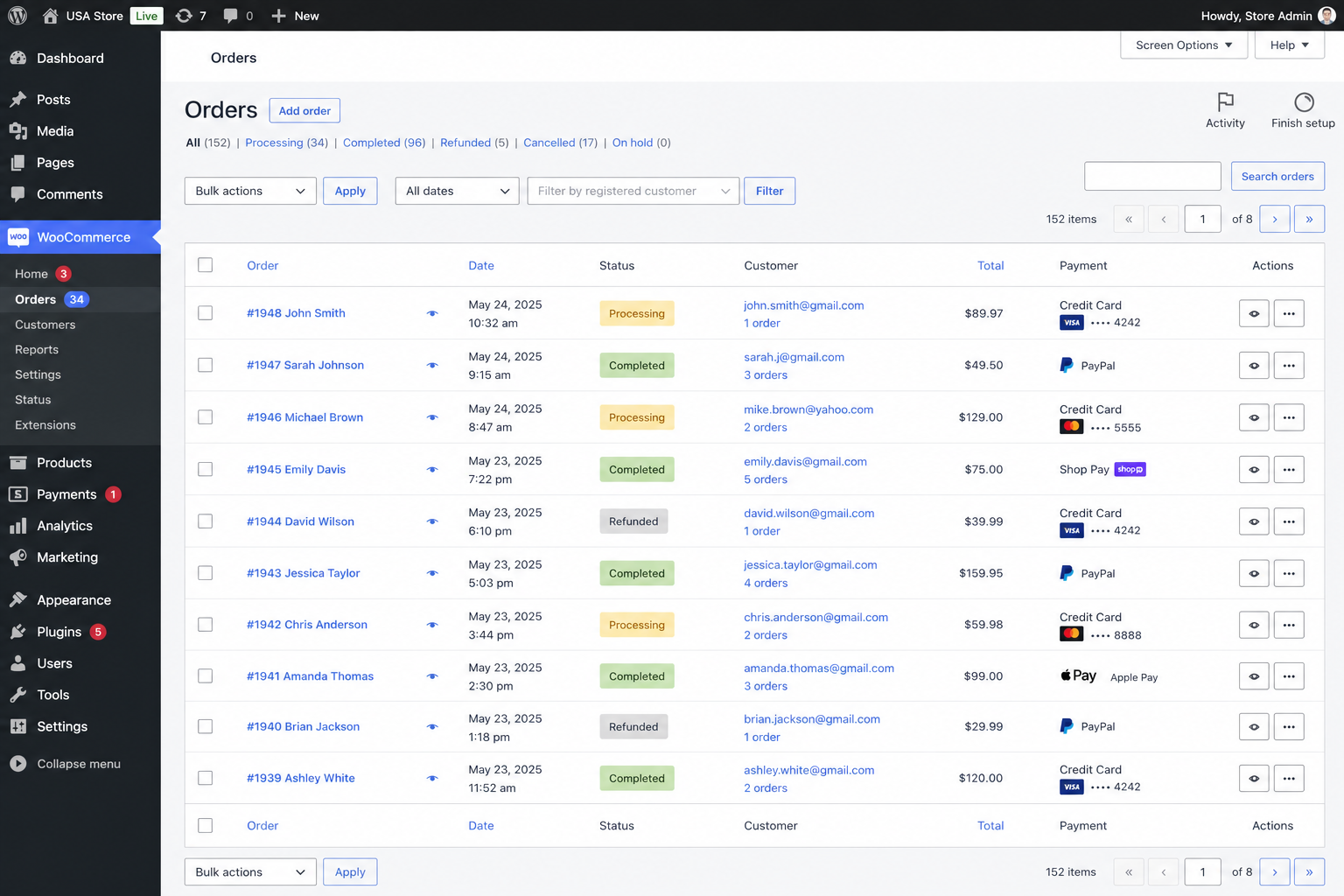WooCommerce orders dashboard screenshot 2026 showing simple daily store management for USA small business owners