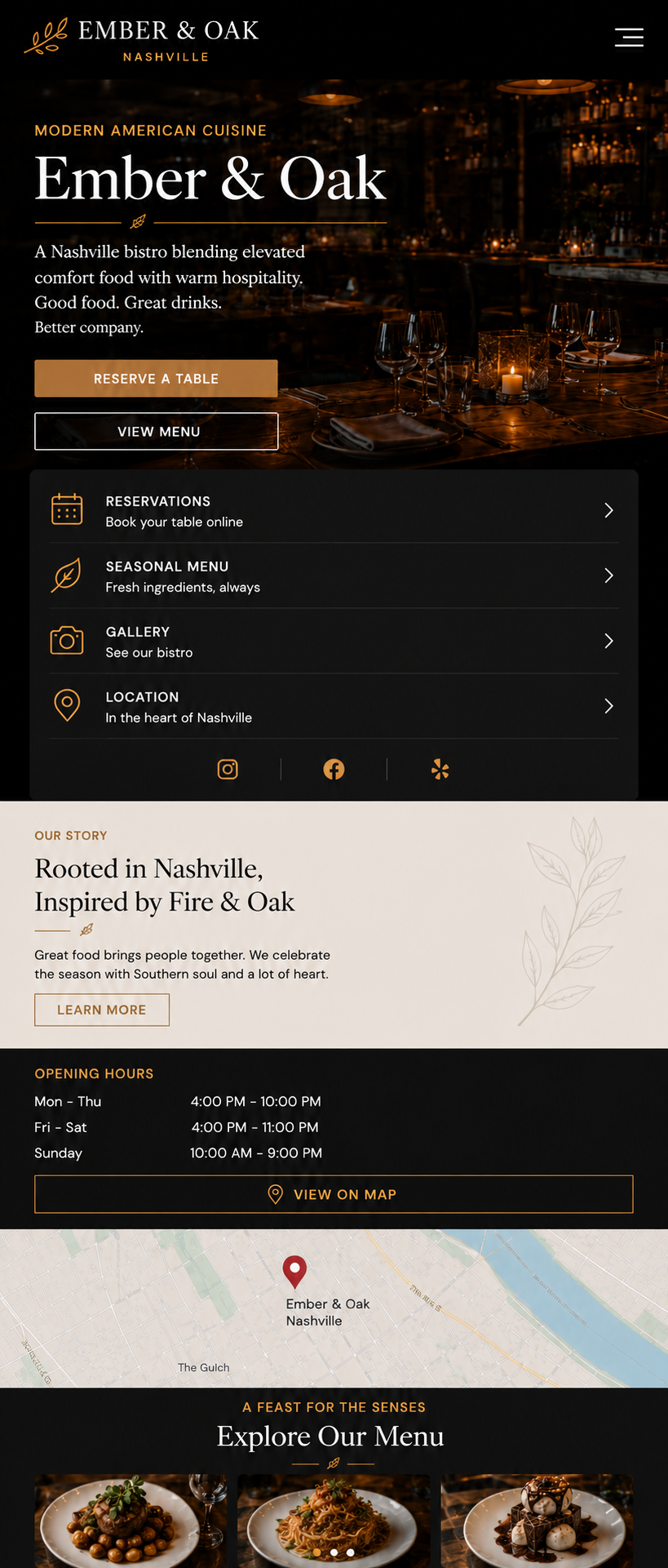 Ember and Oak restaurant website mobile view showing responsive menu and booking form